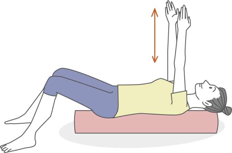 治らない肩こり解消のためにストレッチポールを使って肩甲骨と腕を上下に動かしているイラスト